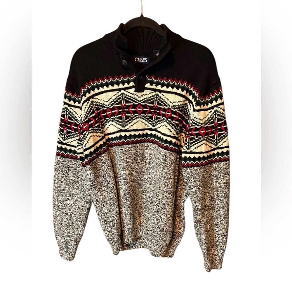 Chaps Fair Isle Geometric Crewneck Sweater Black Red Cream Size Large Winter